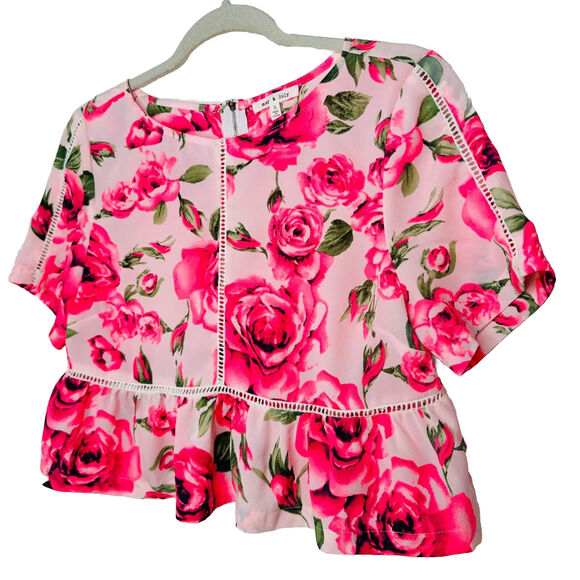 May & July Hot Pink and Green Floral Rose Short Sleeve Peplum Crop Blouse S - Picture 1 of 11